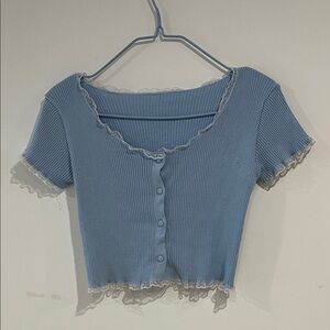 Light Blue Ribbed Lace-Trim Button Front Crop Top